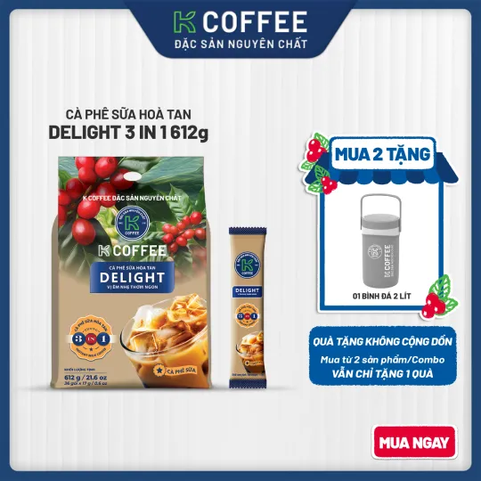 CÀ PHÊ SỮA HÒA TAN DELIGHT 3 IN 1 612G mua 2 tặng 1