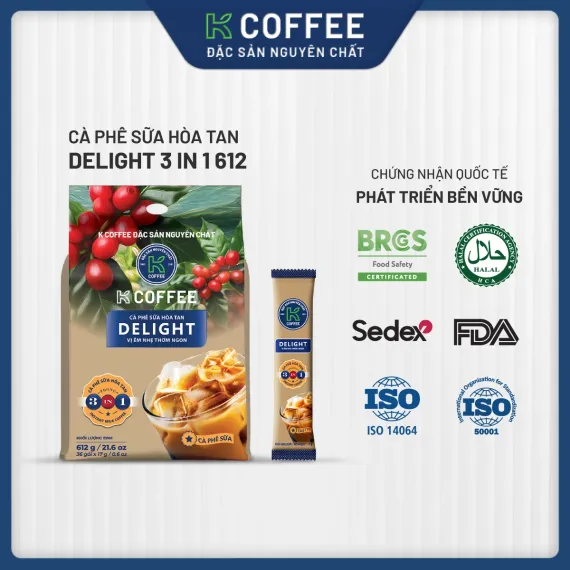 các chứng nhận của cà phê sữa hòa tan delight 3in1 612g